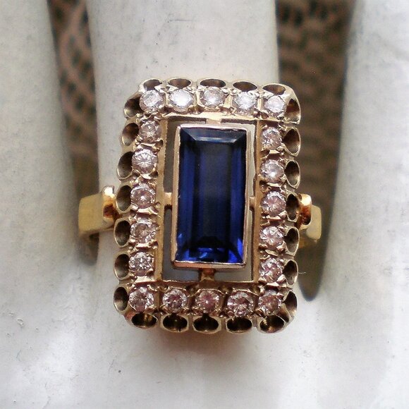 Vintage Russian USSR 18K 750 Yellow White Gold Sapphire Diamond Cluster Ring - Picture 1 of 13